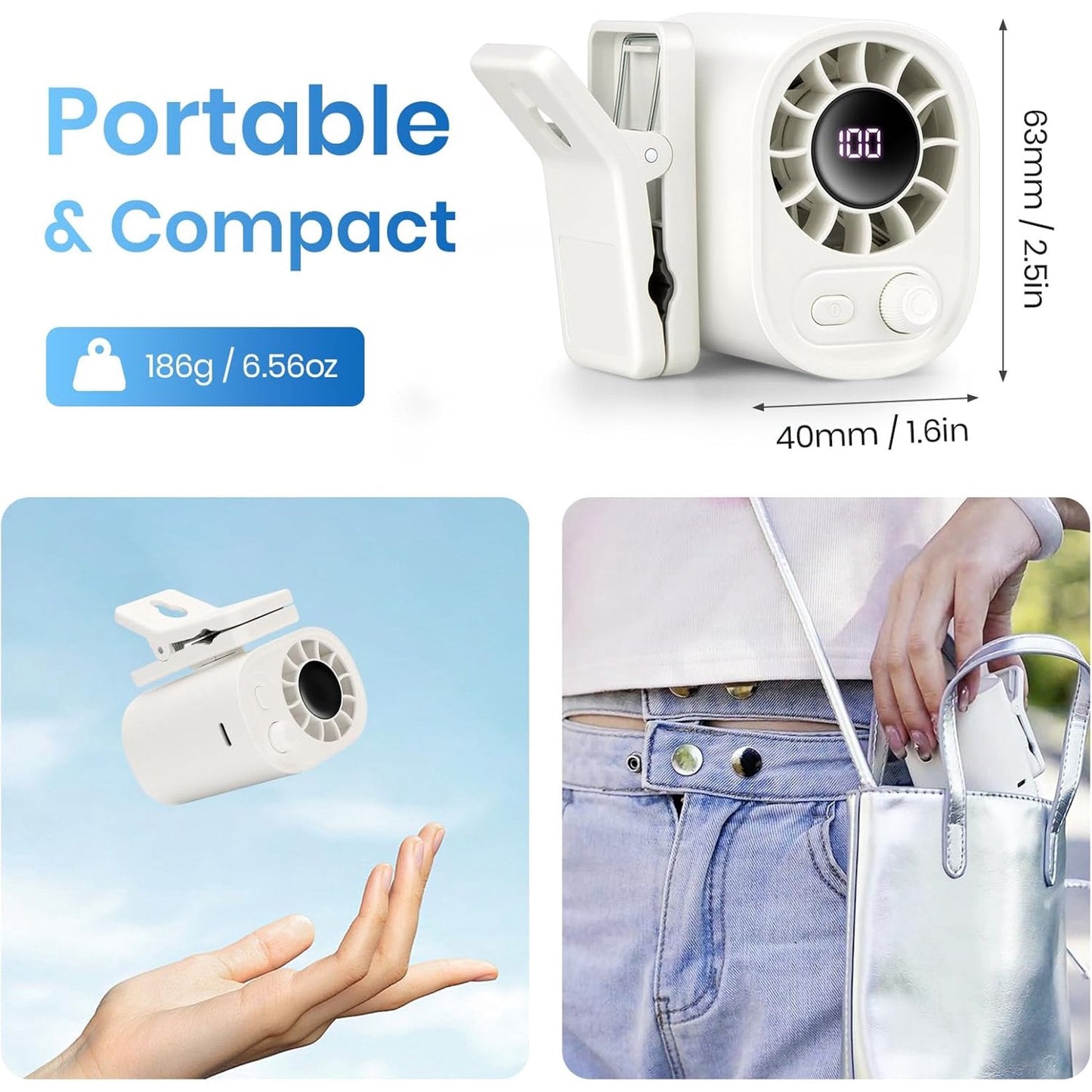 Car Clip On Fan with LED Display - 360° Rotation, 100 Speeds Adjustable, USB Rechargeable Personal Cooling Fan 1800mAh Battery