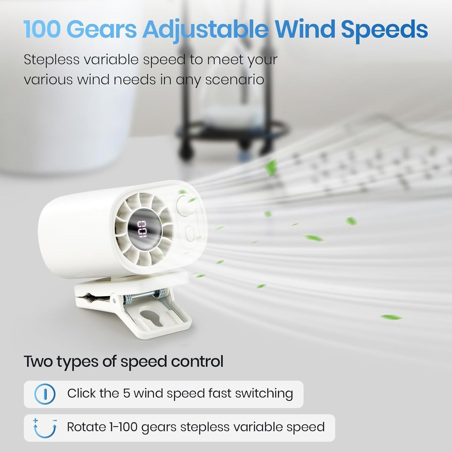 Car Clip On Fan with LED Display - 360° Rotation, 100 Speeds Adjustable, USB Rechargeable Personal Cooling Fan 1800mAh Battery