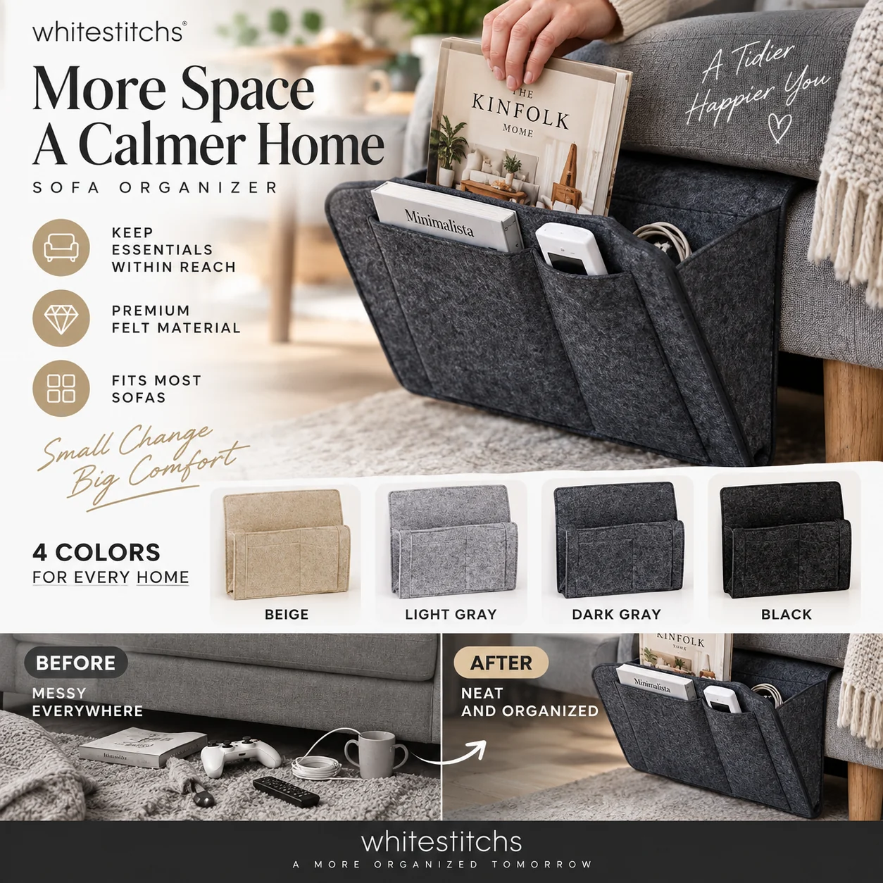 🛏️Bedside Hanging Storage Bag‑Multi‑Pocket Bed Caddy Organizer, Felt Hanging Pouch for Dorm Bunk Bed Hold Tablet Book Phone Stationery