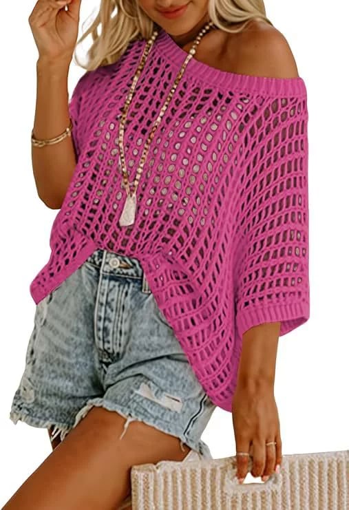 💥This Week's Special Price 💝Womens Summer Scoop Neck ShortSleeve Sweater Casual Crochet Hollow Out KnitTops