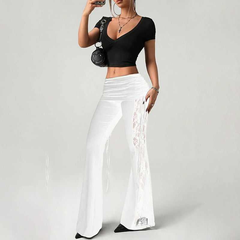 ๐ LIMITED-TIME 50% OFF! โจ Women's Ruched Lace Flare Pants โ Stretchy, Slimming, Elegant ๐