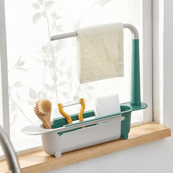 📢📢50% OFF & In Stock⏰ Updated Telescopic Sink Storage Rack – Adjustable Fit, Ventilated Drain & Towel Bar – Keep Your Sink Clean & Tidy ✨
