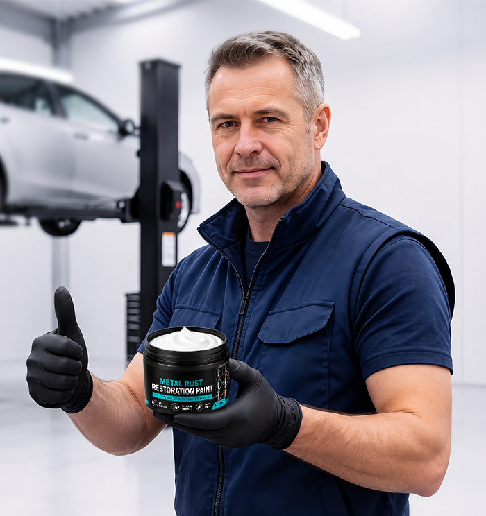 Garage user holding metal rust restoration paint