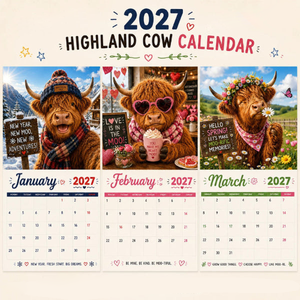 🐮2027 Funny Highland Cow Wall Calendar | A4 Hanging Calendar