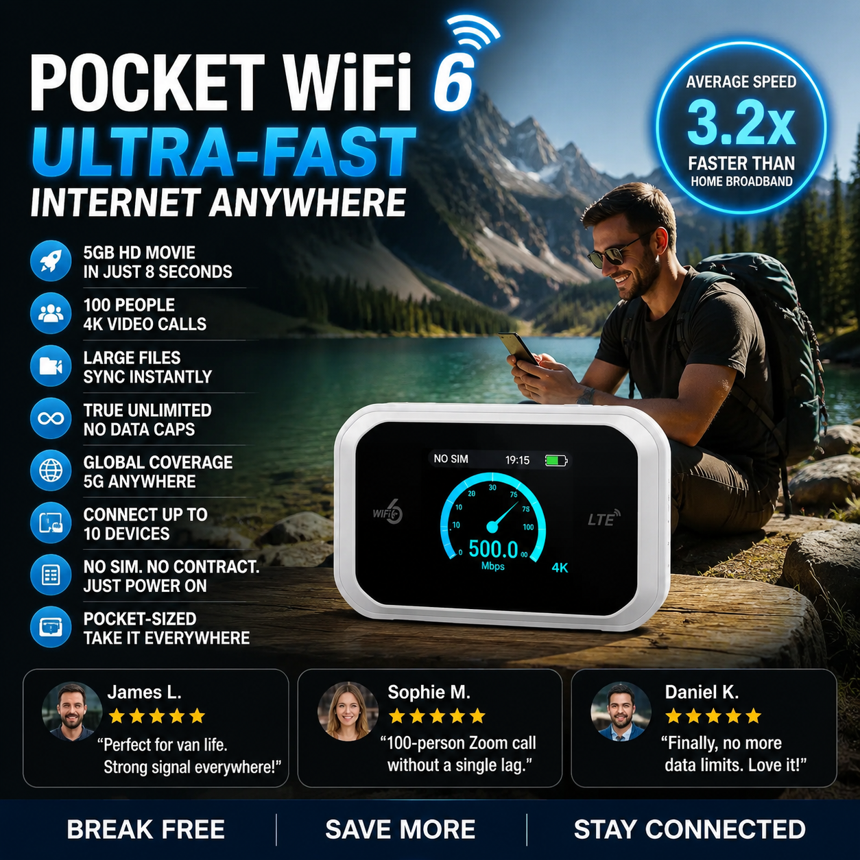 📶Mobile hotspot with full Wi-Fi coverage, SIM card not included