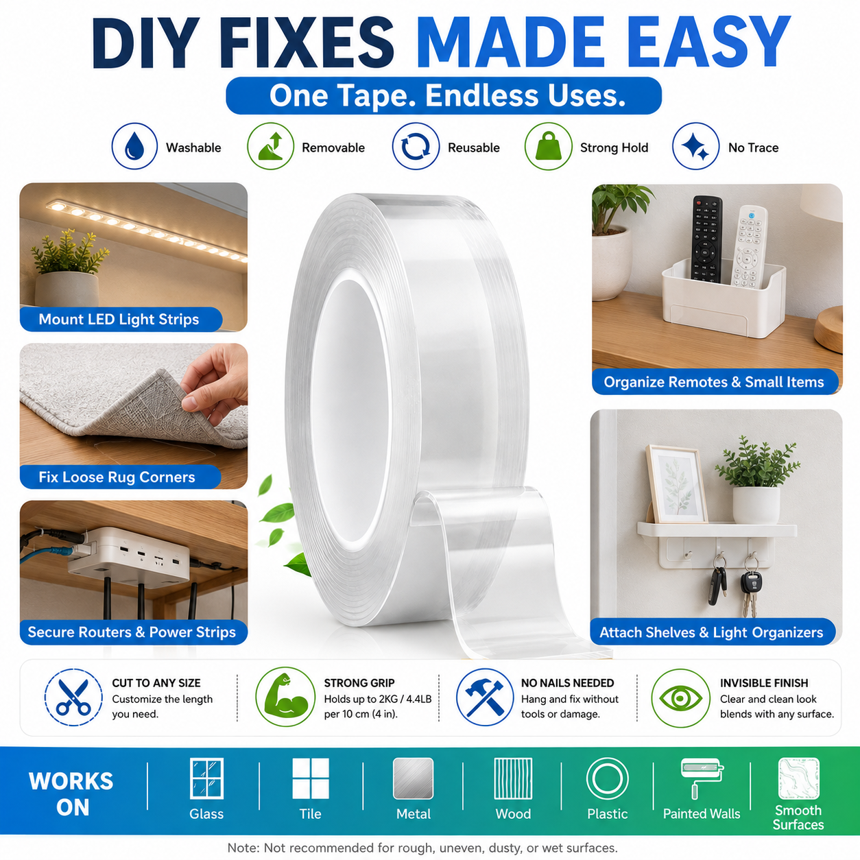 🥳2026 HOT SALE🥳💞50K+ SOLD!⭐🔄 Wash & Reuse Like Magic! Reusable Nano Grip Tape – Your Smart, Money-Saving Helper. 💡🏠