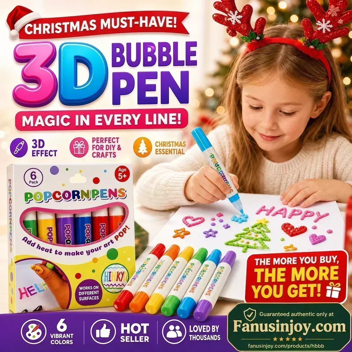 ⏳Time-Limited Special⏰Magic Pen – Draw 3D with one stroke!🎄 DIY Bubble Popcorn Drawing Pens