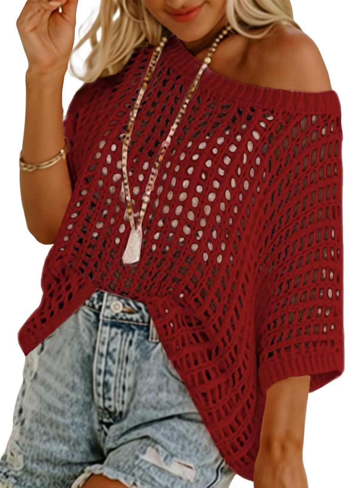 💥This Week's Special Price 💝Womens Summer Scoop Neck ShortSleeve Sweater Casual Crochet Hollow Out KnitTops