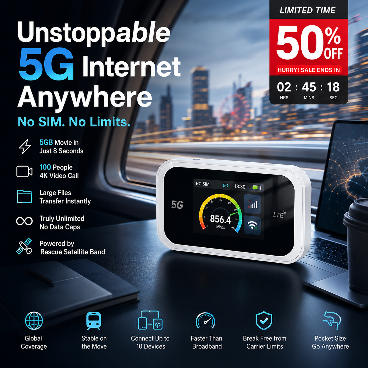 📶Mobile hotspot with full Wi-Fi coverage, SIM card not included