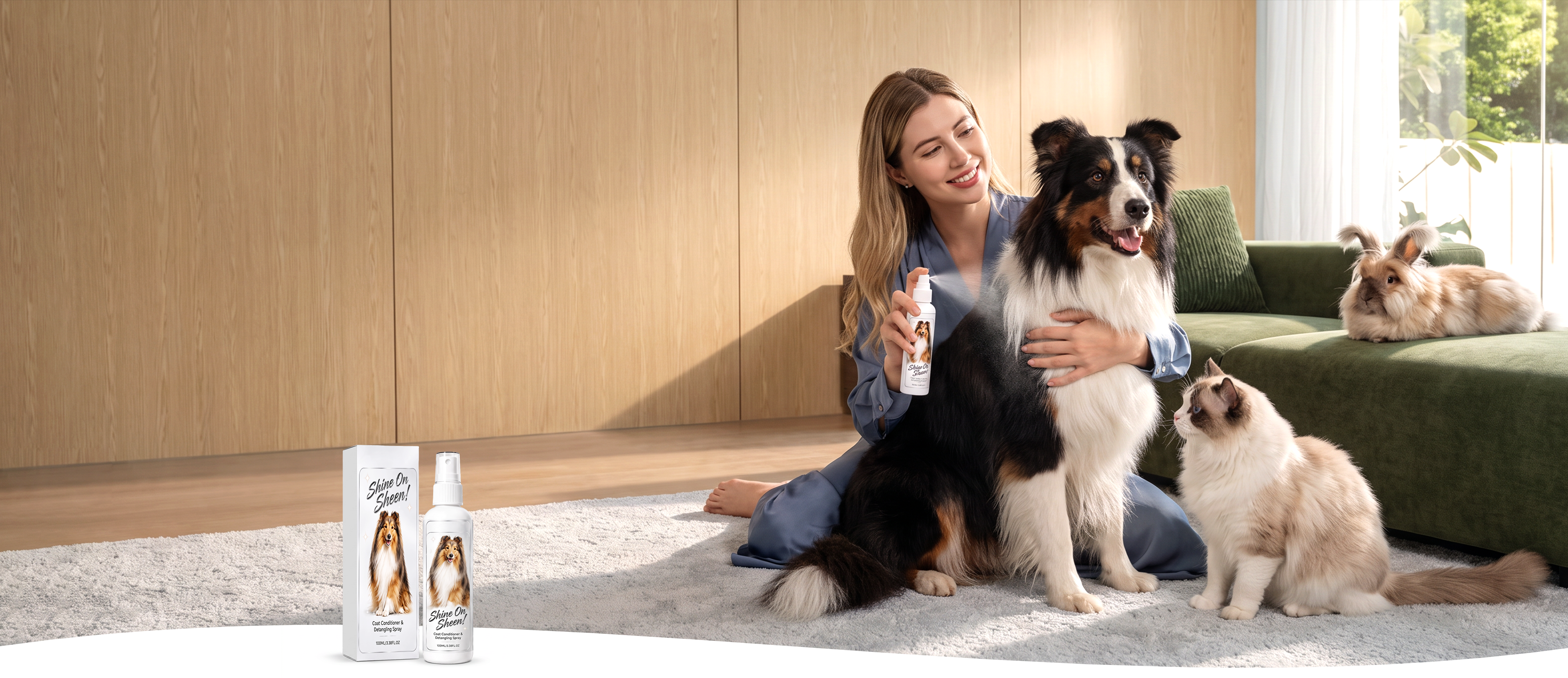 Pet coat conditioning spray with a dog, cats and their owner