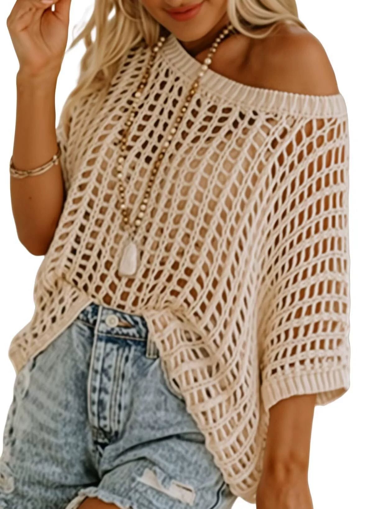 💥This Week's Special Price 💝Womens Summer Scoop Neck ShortSleeve Sweater Casual Crochet Hollow Out KnitTops