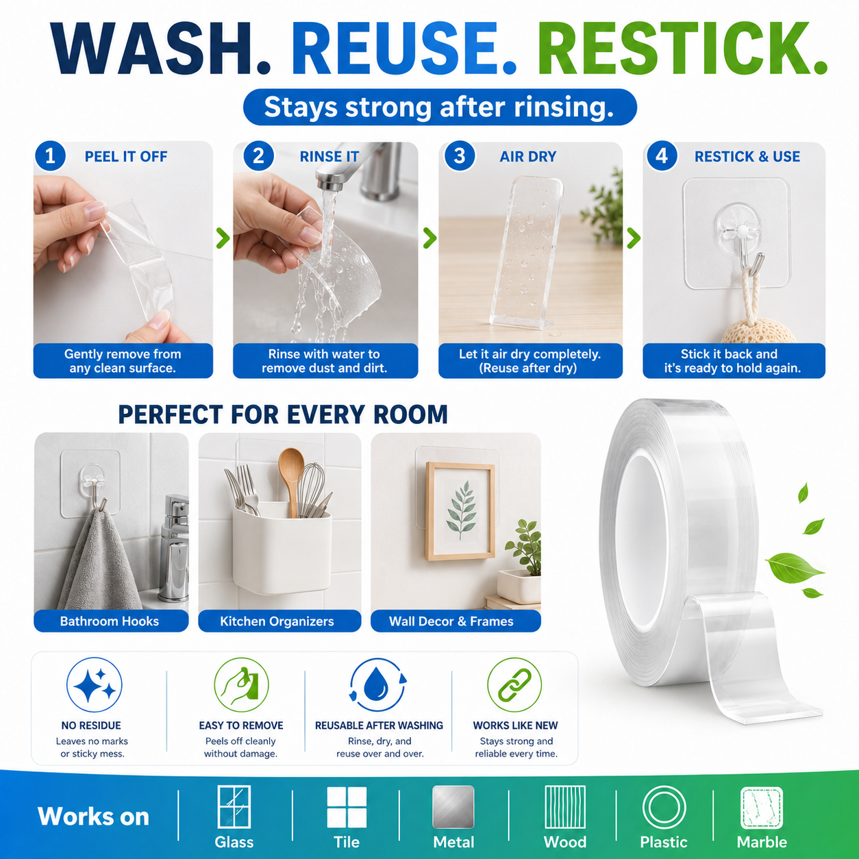 🥳2026 HOT SALE🥳💞50K+ SOLD!⭐🔄 Wash & Reuse Like Magic! Reusable Nano Grip Tape – Your Smart, Money-Saving Helper. 💡🏠