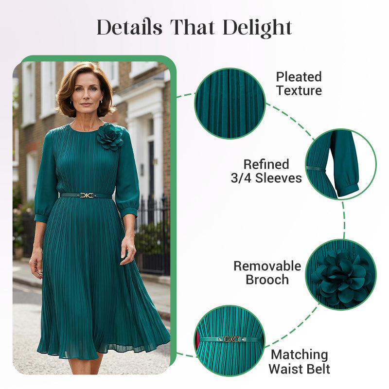 🔥New Arrival 50% OFF💥Women's 3/4 Sleeve Pleated Midi Dress with Belt