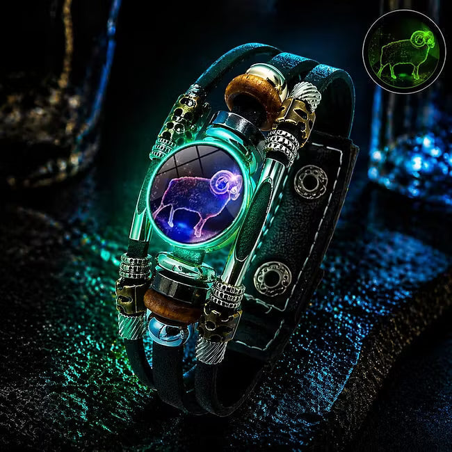 🎉 2026 Sale — Over 21 300 Sold!🔥 Glow‑in‑the‑dark Leather Zodiac Sign Bracelet