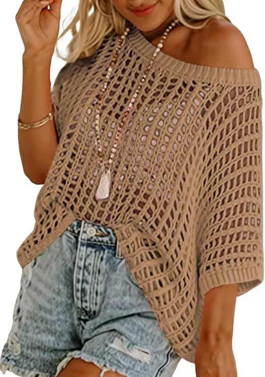 💥This Week's Special Price 💝Womens Summer Scoop Neck ShortSleeve Sweater Casual Crochet Hollow Out KnitTops