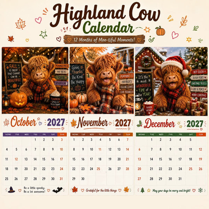 🐮2027 Funny Highland Cow Wall Calendar | A4 Hanging Calendar