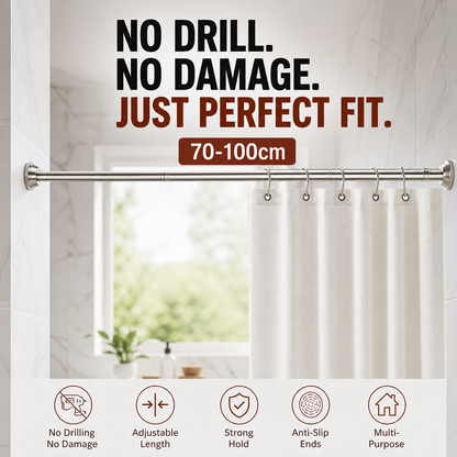 🧥50% OFF NOW! Adjustable No‑Drill Tension Rod, 70‑100cm Spring Tension Clothes Hanging Rod, No‑Damage Non‑Slip Closet Curtain Rod, Max 15KG Load for Wardrobe, Bathroom