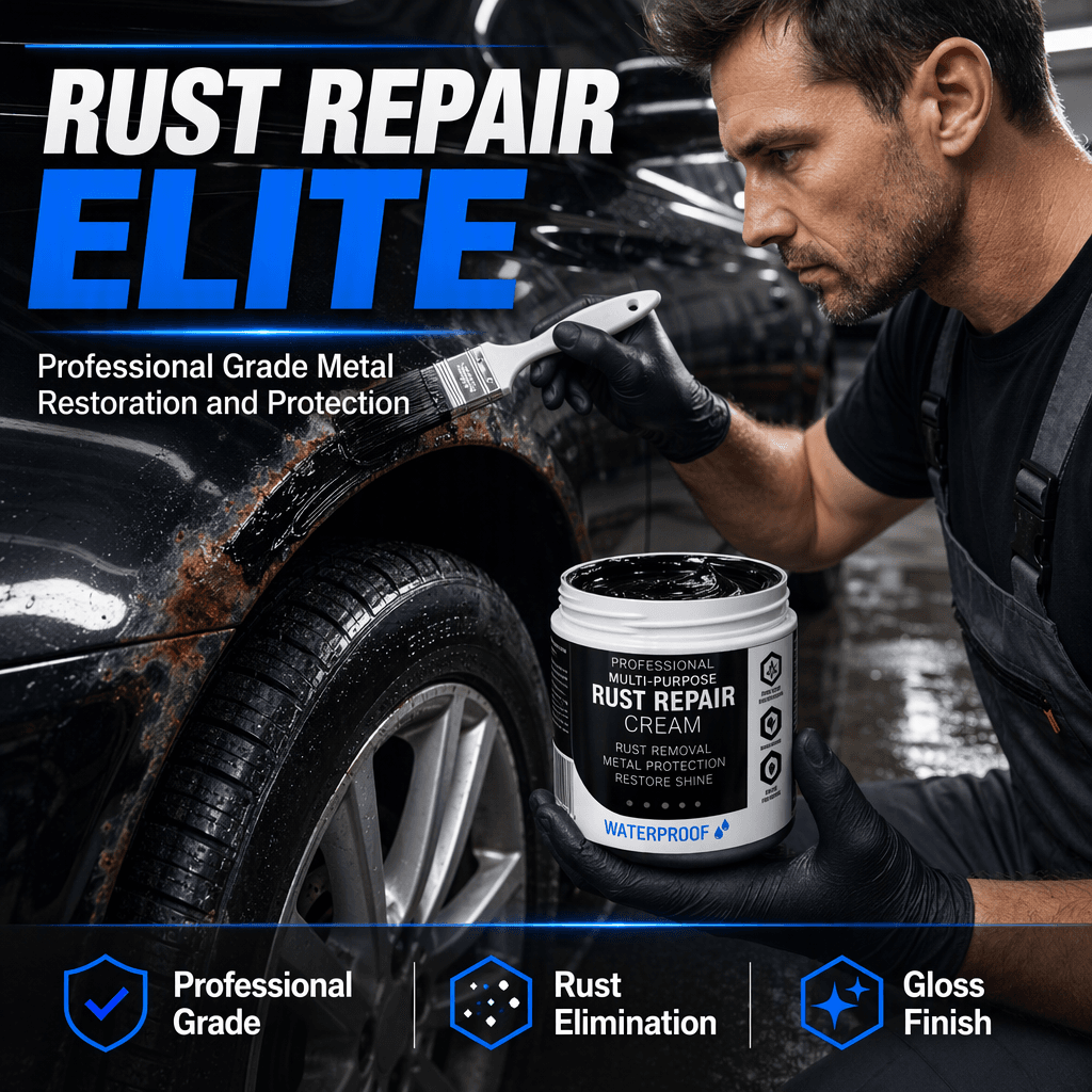 Original Multi-Purpose Rust Repair Cream promotional image showing application to a car's rusted area