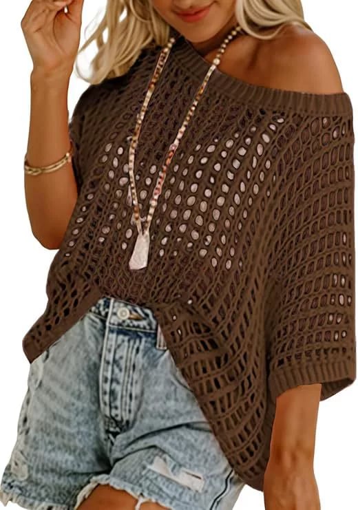 💥This Week's Special Price 💝Womens Summer Scoop Neck ShortSleeve Sweater Casual Crochet Hollow Out KnitTops