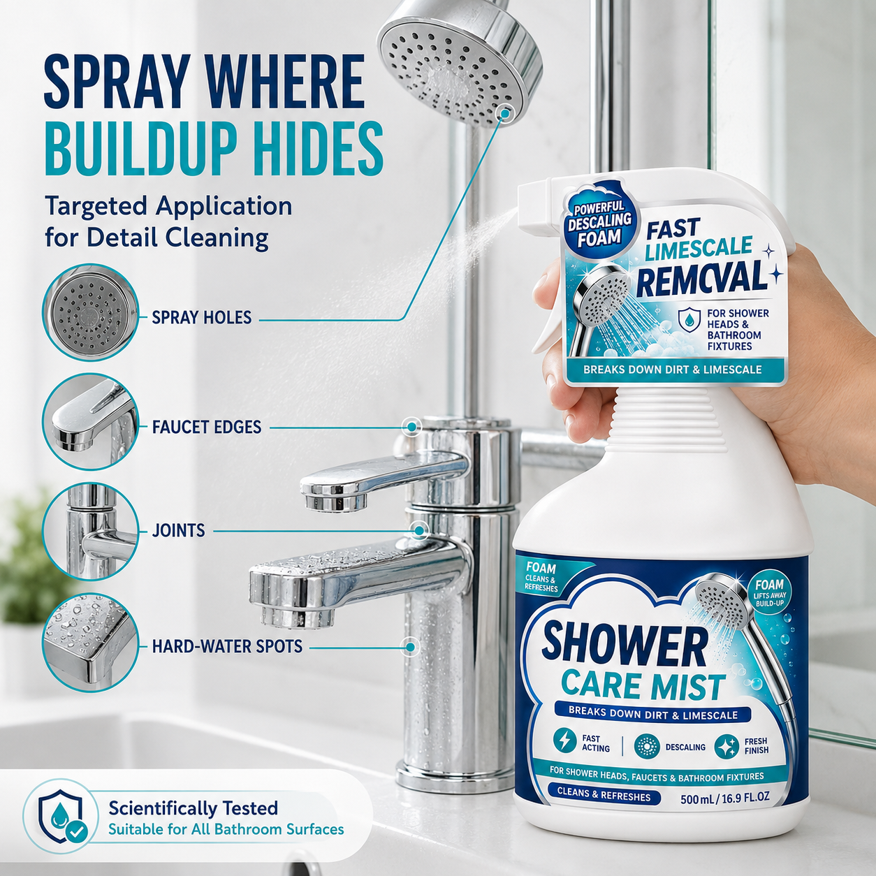 ❄️Summerfresh 50% OFF!🚿Fast-Acting Bathroom Limescale Remover Spray – Shower, Tap & Hard-Water Deposit Cleaner, 500ml