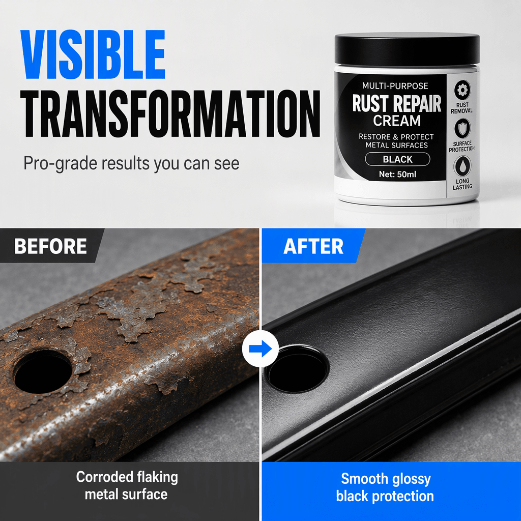 Original retailer illustrative before-and-after black metal touch-up comparison