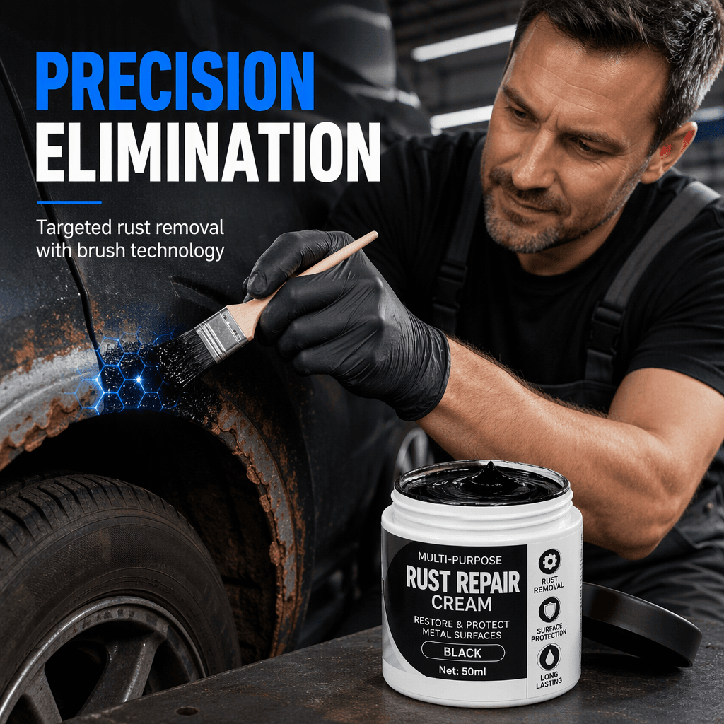 Original retailer promotional image showing Black Rust Repair Cream applied to a rusted automotive wheel arch
