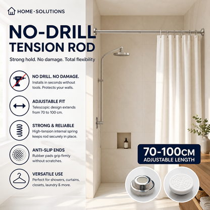 🧥50% OFF NOW! Adjustable No‑Drill Tension Rod, 70‑100cm Spring Tension Clothes Hanging Rod, No‑Damage Non‑Slip Closet Curtain Rod, Max 15KG Load for Wardrobe, Bathroom