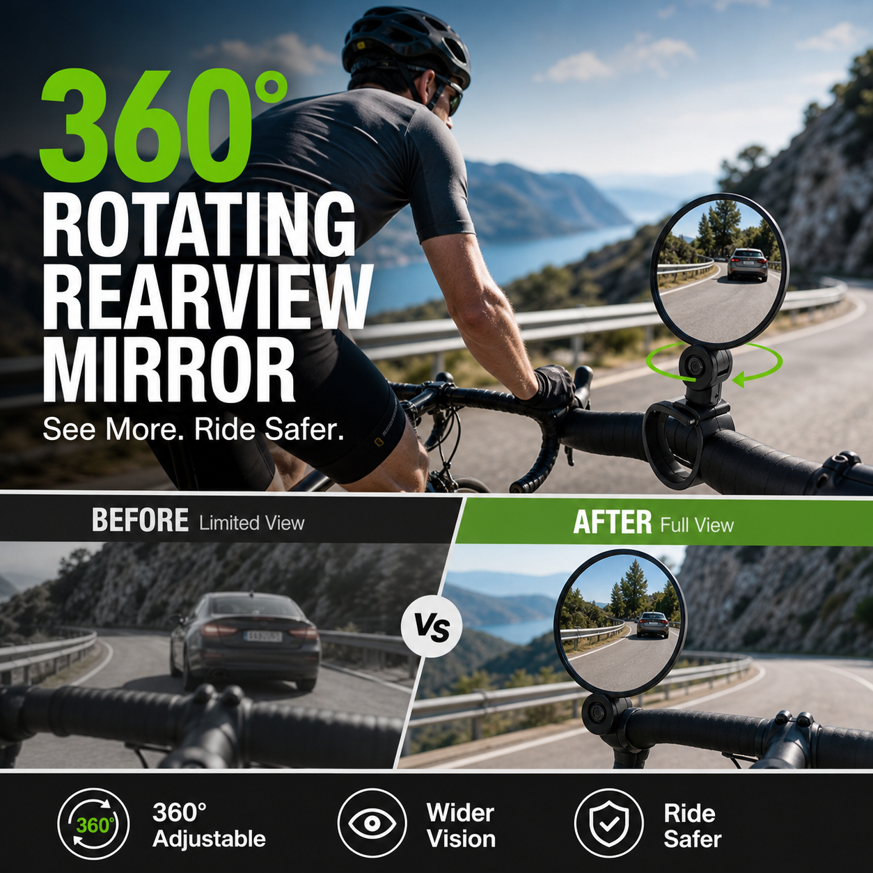 🥳2026 HOT SALE🥳💞50K+ SOLD!🚲🔍 50% OFF! 360° Rotating Rearview Mirror – Clear view behind, no more neck twisting. Fits bikes, e‑bikes & motorcycles. Tool‑free silicone strap! 🛡️✨