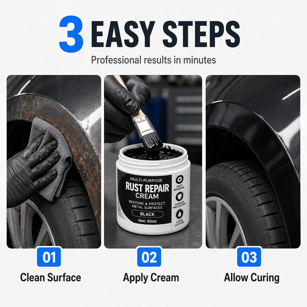 Original supplier guide showing cleaning, applying Black Rust Repair Cream and allowing the coating to cure