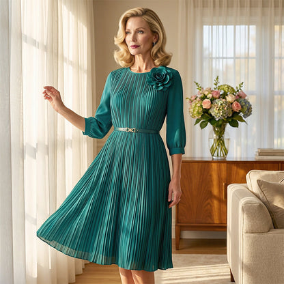 🔥New Arrival 50% OFF💥Women's 3/4 Sleeve Pleated Midi Dress with Belt