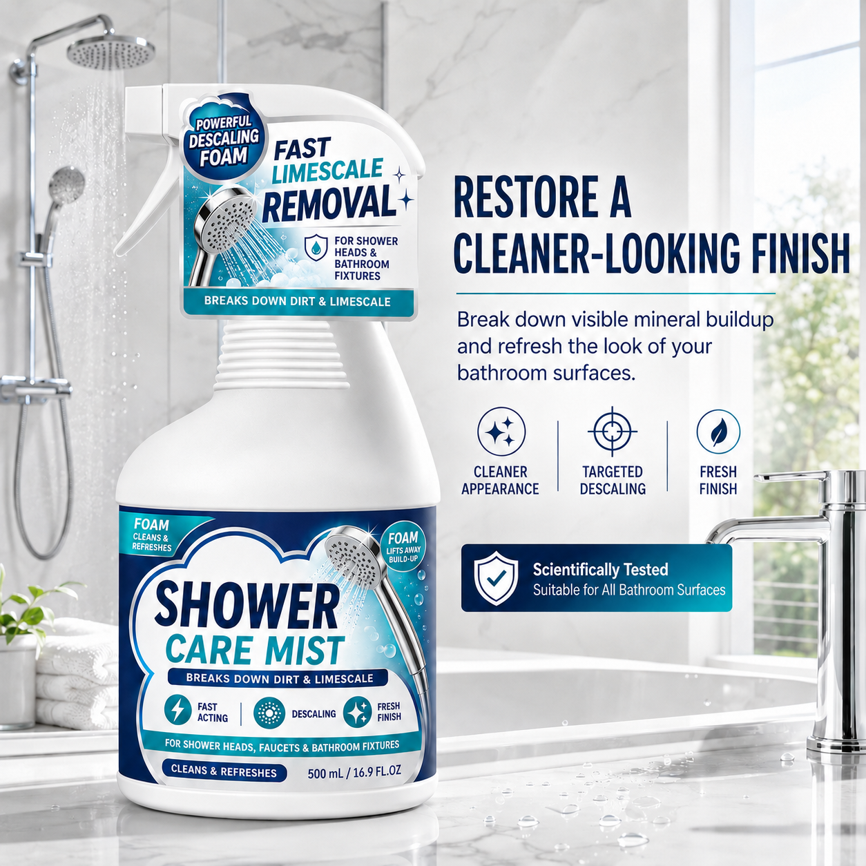 ❄️Summerfresh 50% OFF!🚿Fast-Acting Bathroom Limescale Remover Spray – Shower, Tap & Hard-Water Deposit Cleaner, 500ml
