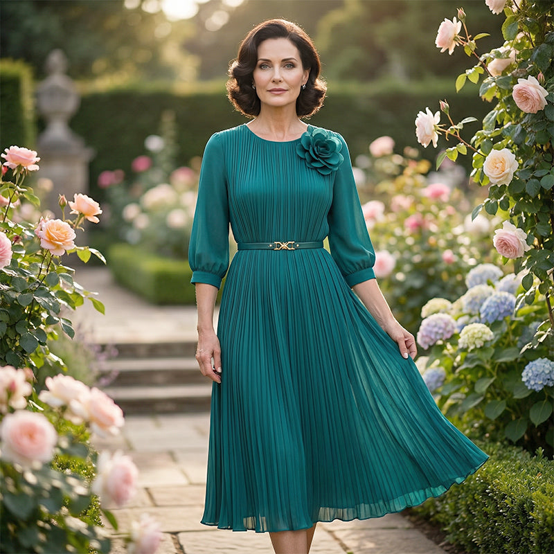 🔥New Arrival 50% OFF💥Women's 3/4 Sleeve Pleated Midi Dress with Belt