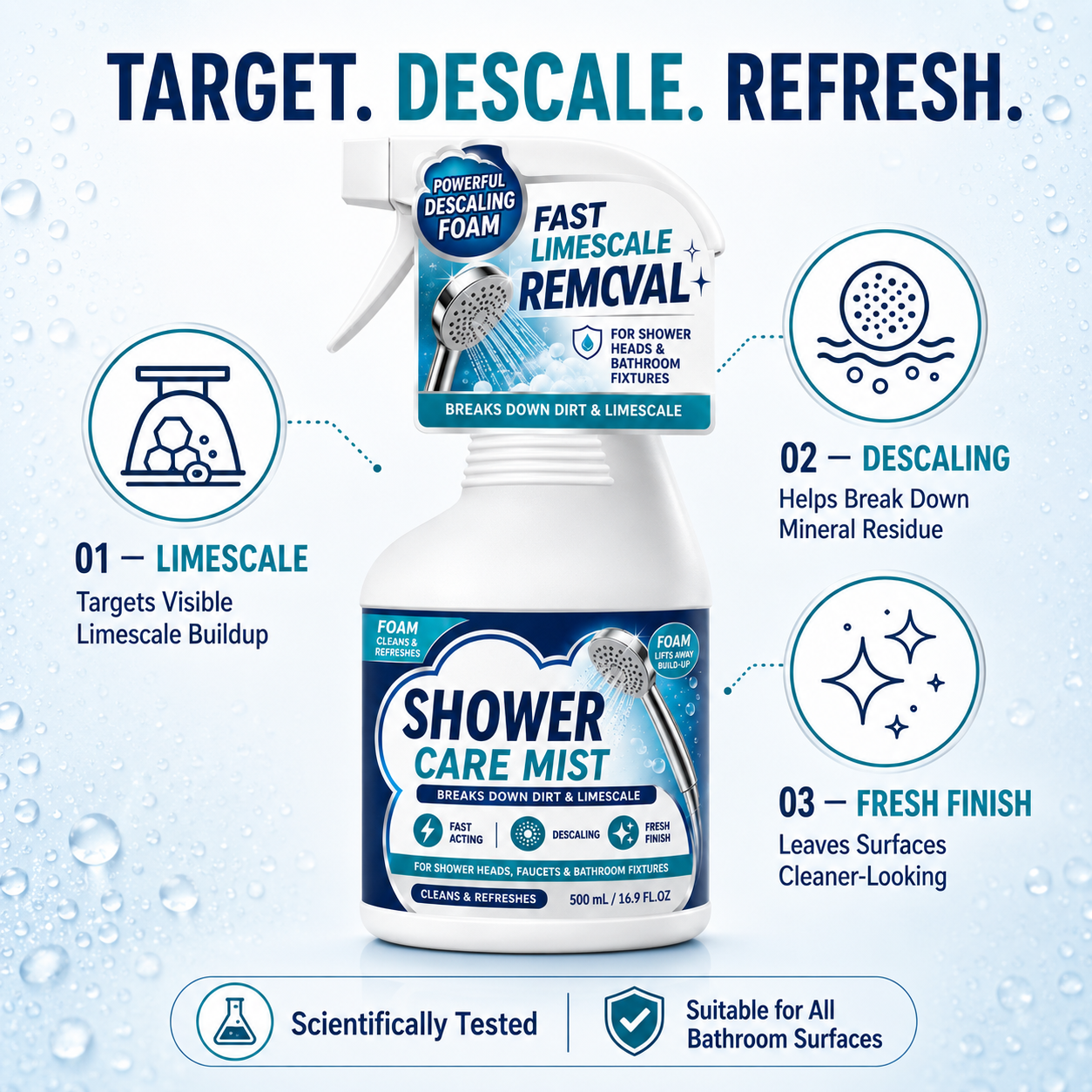 ❄️Summerfresh 50% OFF!🚿Fast-Acting Bathroom Limescale Remover Spray – Shower, Tap & Hard-Water Deposit Cleaner, 500ml
