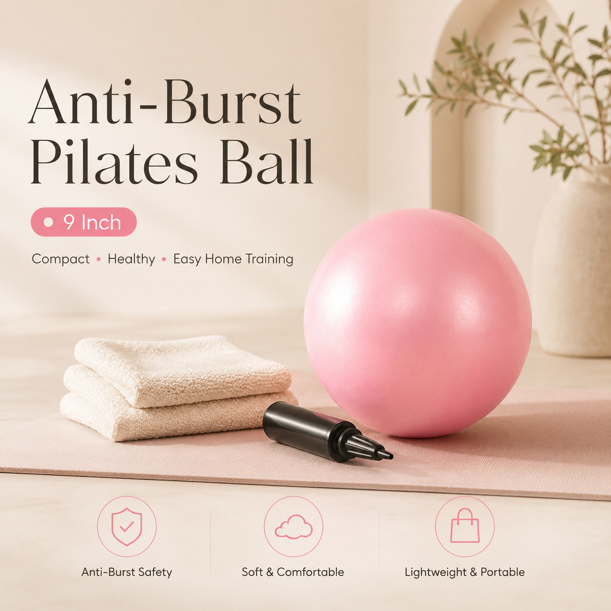 💜9-inch Anti-Burst Pilates Ball with Pump