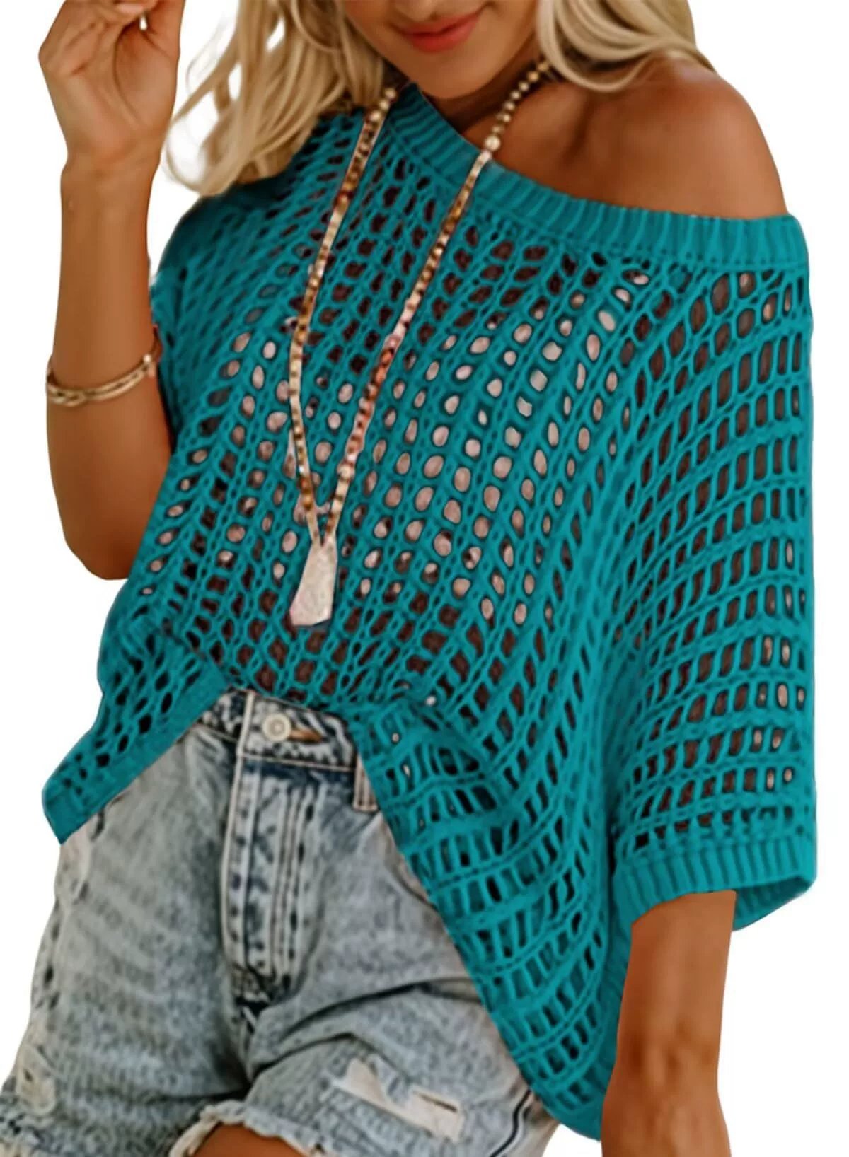 💥This Week's Special Price 💝Womens Summer Scoop Neck ShortSleeve Sweater Casual Crochet Hollow Out KnitTops