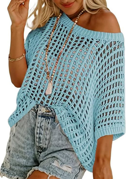 💥This Week's Special Price 💝Womens Summer Scoop Neck ShortSleeve Sweater Casual Crochet Hollow Out KnitTops