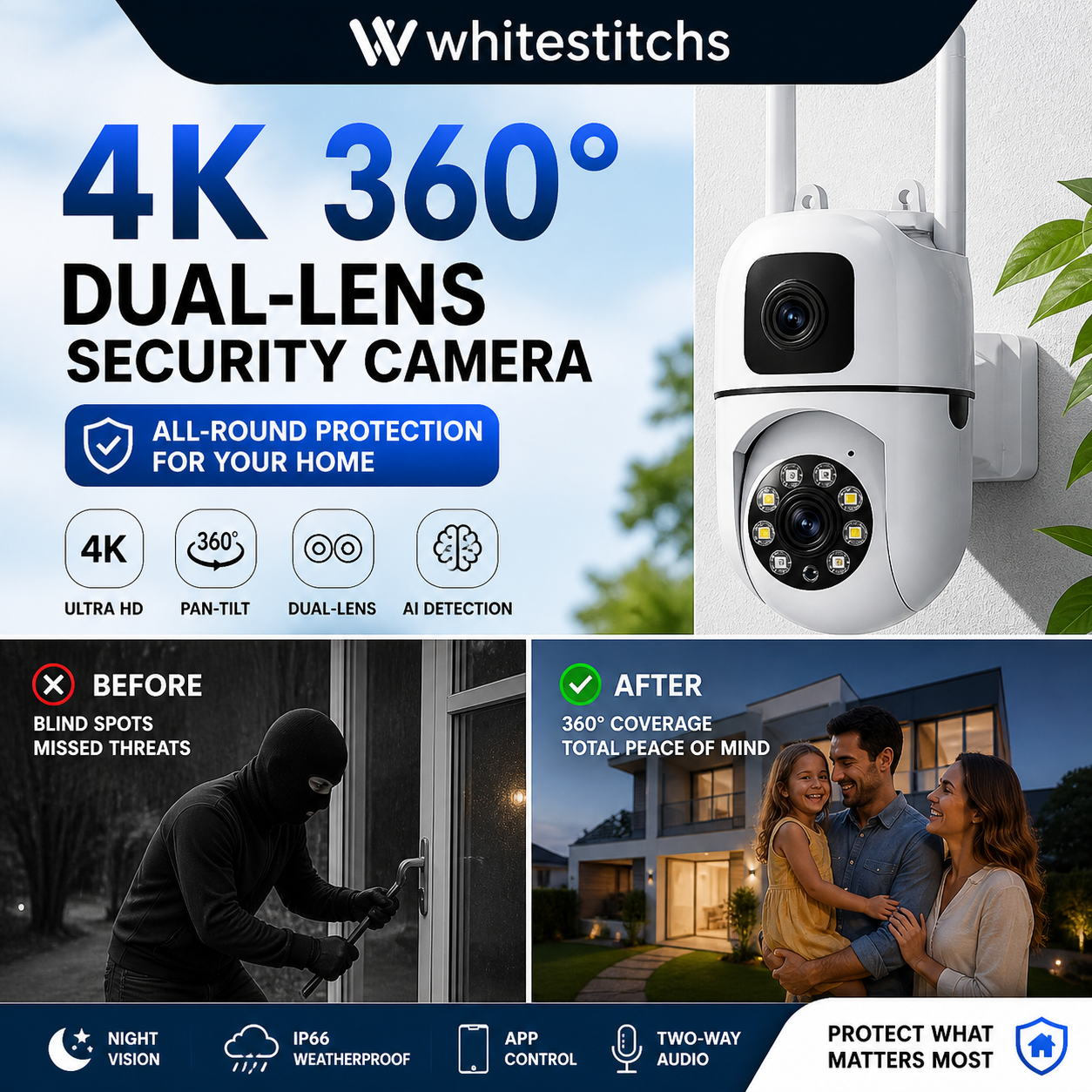 🔍🔍360° Pan & Tilt 4K Dual Lens Security Camera – Outdoor WiFi Surveillance Camera