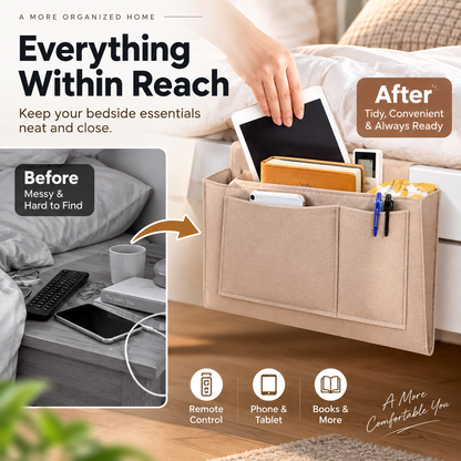 🛏️Bedside Hanging Storage Bag‑Multi‑Pocket Bed Caddy Organizer, Felt Hanging Pouch for Dorm Bunk Bed Hold Tablet Book Phone Stationery