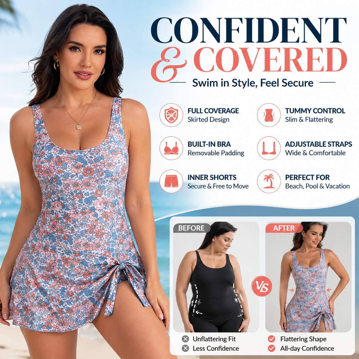 👙 50% OFF NOW!✨ Women's Tummy Control Tie Knot Swimsuit with Skirt – Full Coverage & Built-in Bra – Summer Essential 🌊