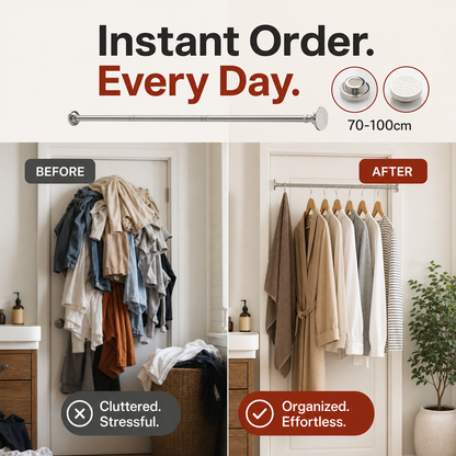 🧥50% OFF NOW! Adjustable No‑Drill Tension Rod, 70‑100cm Spring Tension Clothes Hanging Rod, No‑Damage Non‑Slip Closet Curtain Rod, Max 15KG Load for Wardrobe, Bathroom