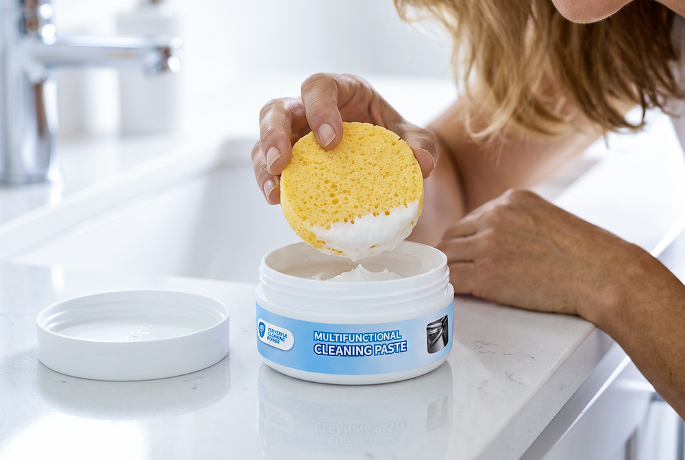 Damp sponge dipped into a jar of cleaning cream