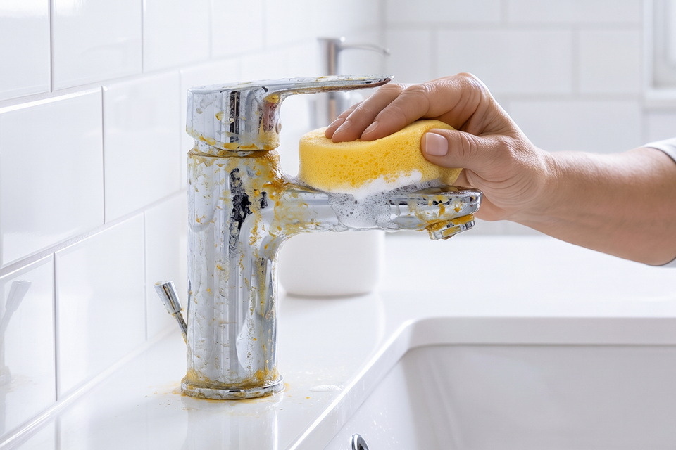 Sponge wiping buildup from a faucet