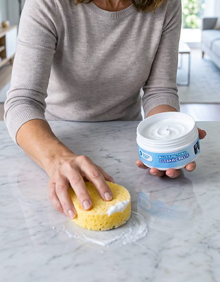 Cleaning cream used on a kitchen countertop