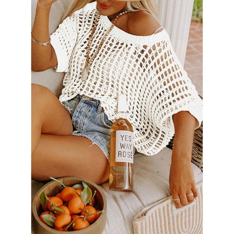 💥This Week's Special Price 💝Womens Summer Scoop Neck ShortSleeve Sweater Casual Crochet Hollow Out KnitTops