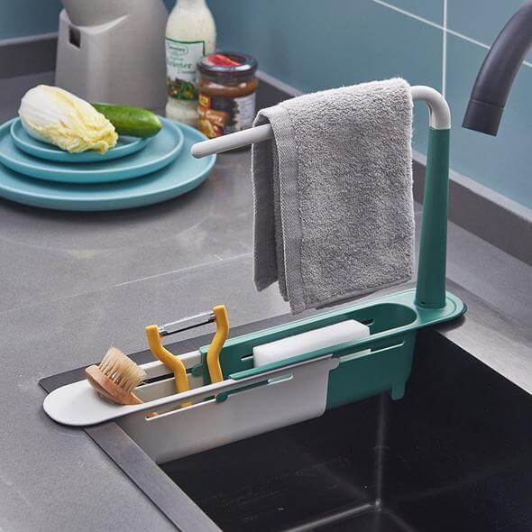 📢📢50% OFF & In Stock⏰ Updated Telescopic Sink Storage Rack – Adjustable Fit, Ventilated Drain & Towel Bar – Keep Your Sink Clean & Tidy ✨