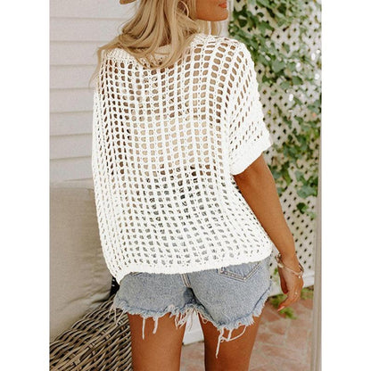 💥This Week's Special Price 💝Womens Summer Scoop Neck ShortSleeve Sweater Casual Crochet Hollow Out KnitTops