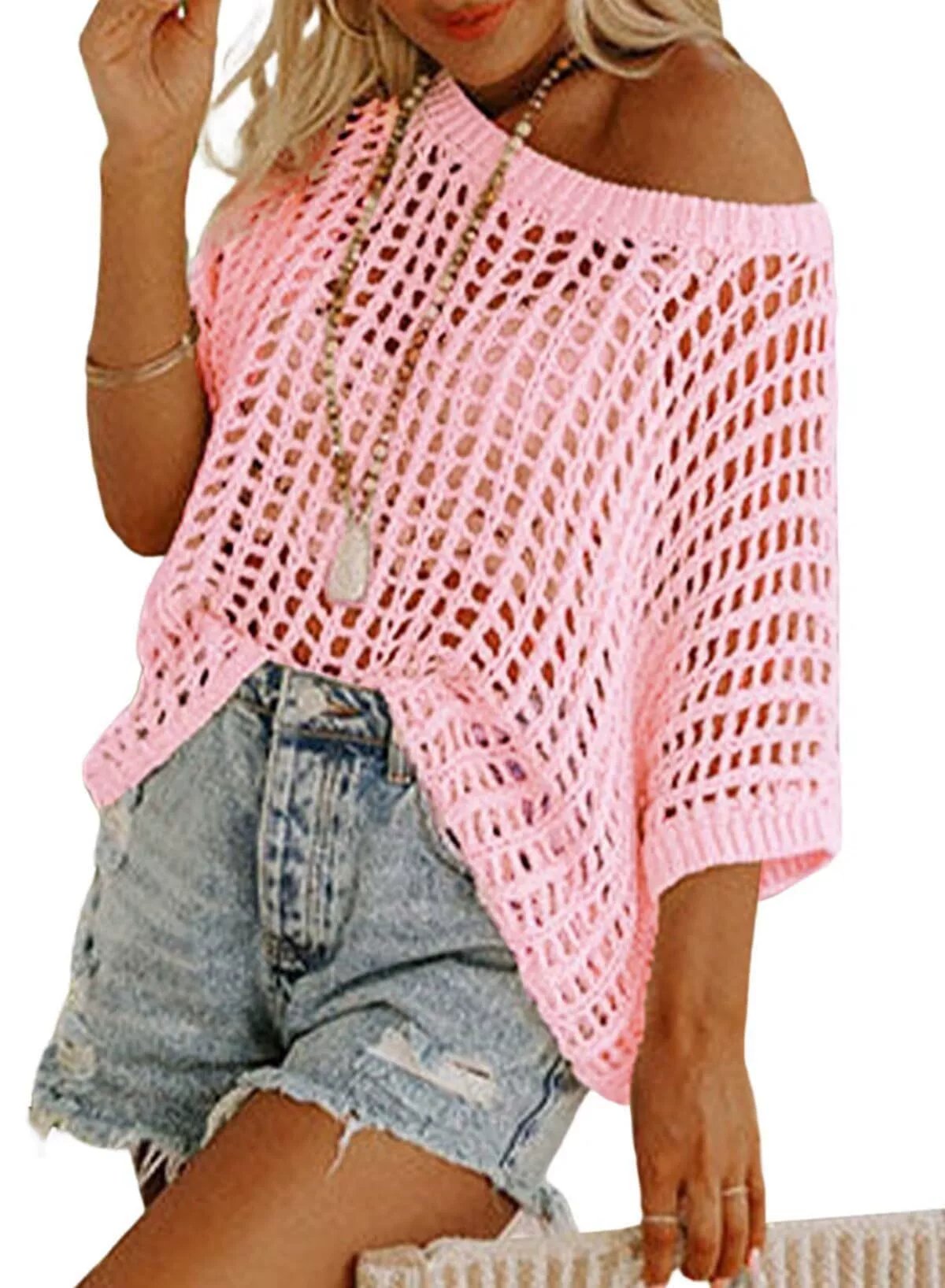 💥This Week's Special Price 💝Womens Summer Scoop Neck ShortSleeve Sweater Casual Crochet Hollow Out KnitTops