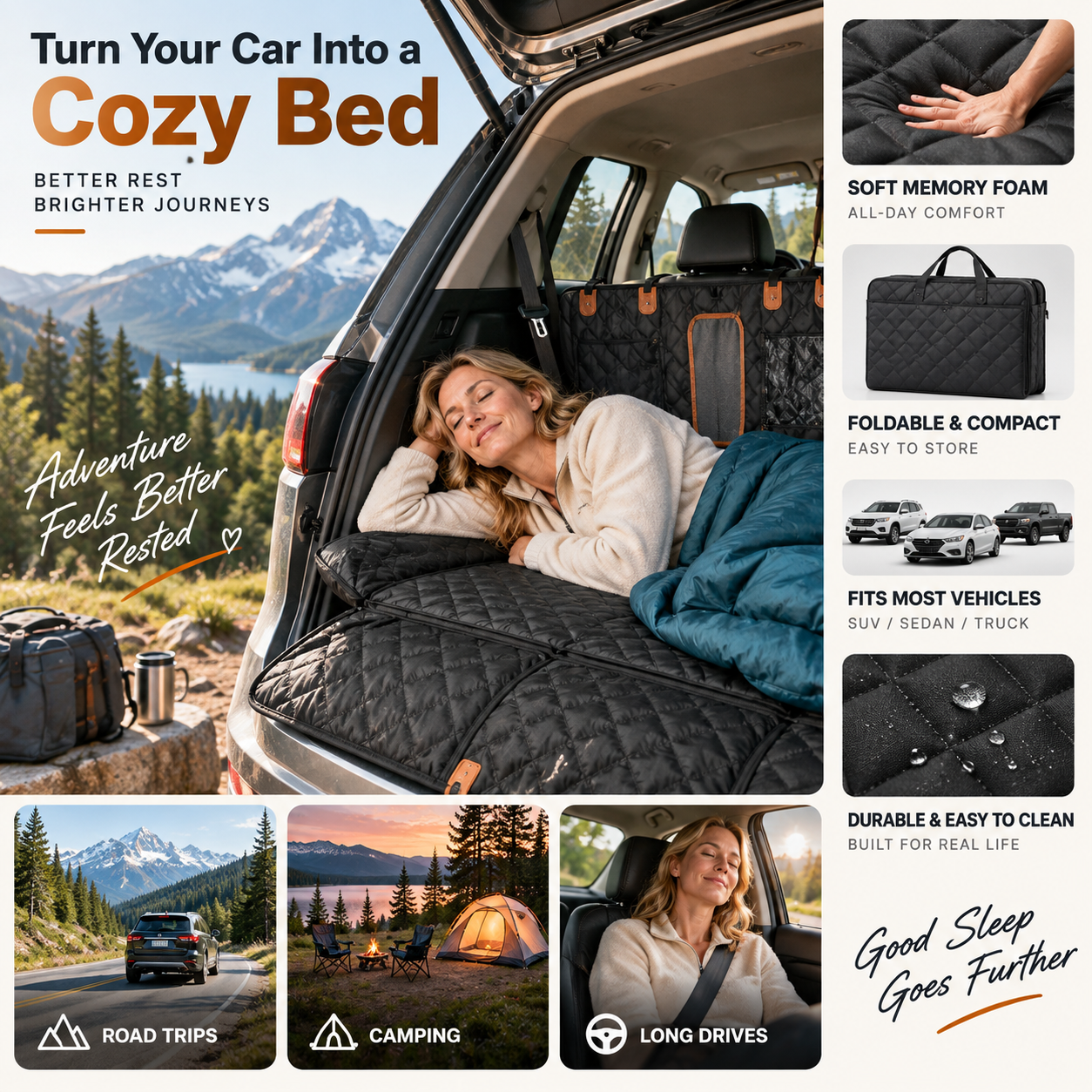 🚗50% OFF NOW! Car Rear-Seat Memory Foam Travel Mattress‑Foldable SUV Sedan Truck Camping Bed, Portable Non-Inflatable Car Sleeping Pad for Road Trips & Camping