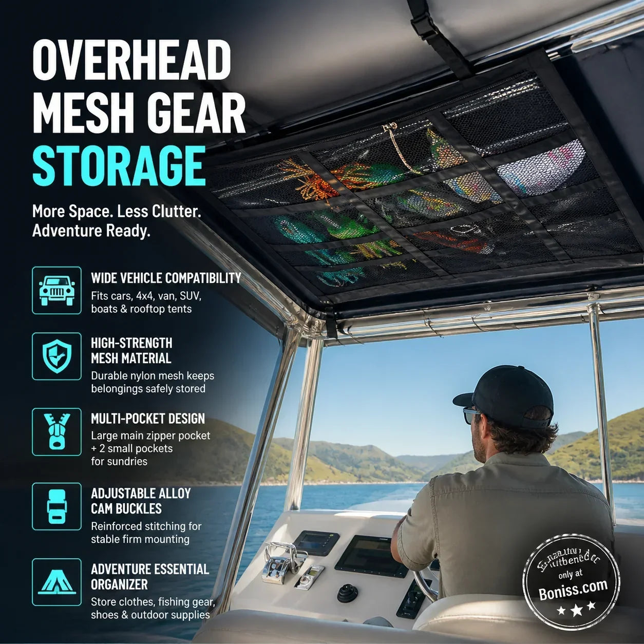 🚤50% OFF NOW! Overhead Mesh Gear Storage Net, Adjustable Car Roof Storage Bag, Multi‑Pocket Ceiling Mesh Organizer for SUV, Van, 4x4, Boat & Rooftop Tent, Holds Fishing Gear & Outdoor Supplies