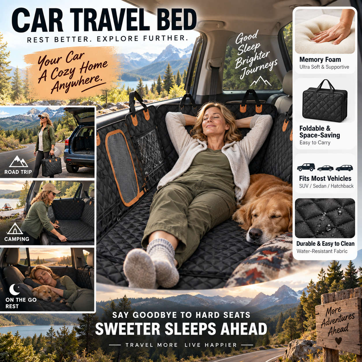 🚗50% OFF NOW! Car Rear-Seat Memory Foam Travel Mattress‑Foldable SUV Sedan Truck Camping Bed, Portable Non-Inflatable Car Sleeping Pad for Road Trips & Camping